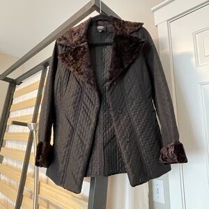 Women's Quilted Black Coat with Faux Fur Trim